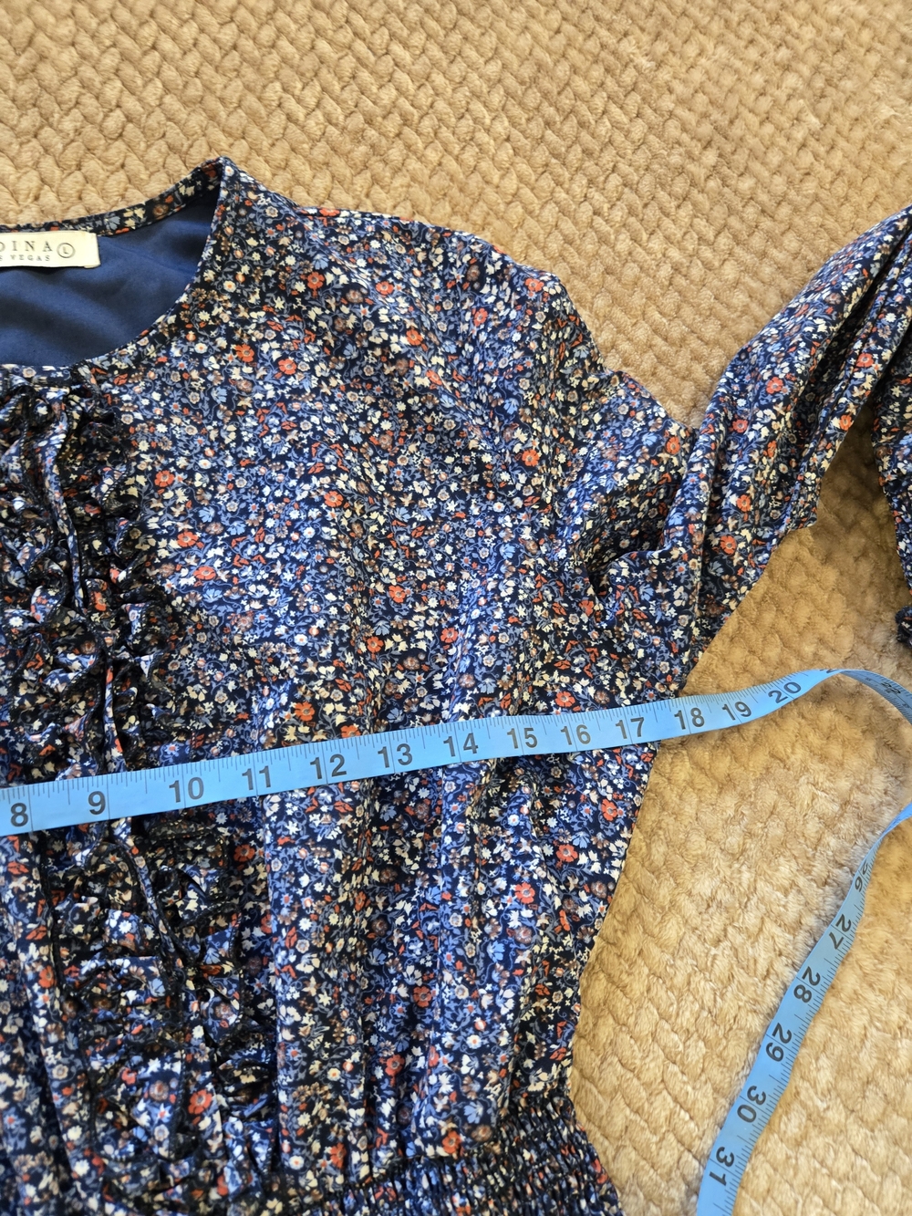 Adina Las Vegas Blue Floral Cottagecore Prairie Smocked Ruffle Midi Dress L - Picture 9 of 15